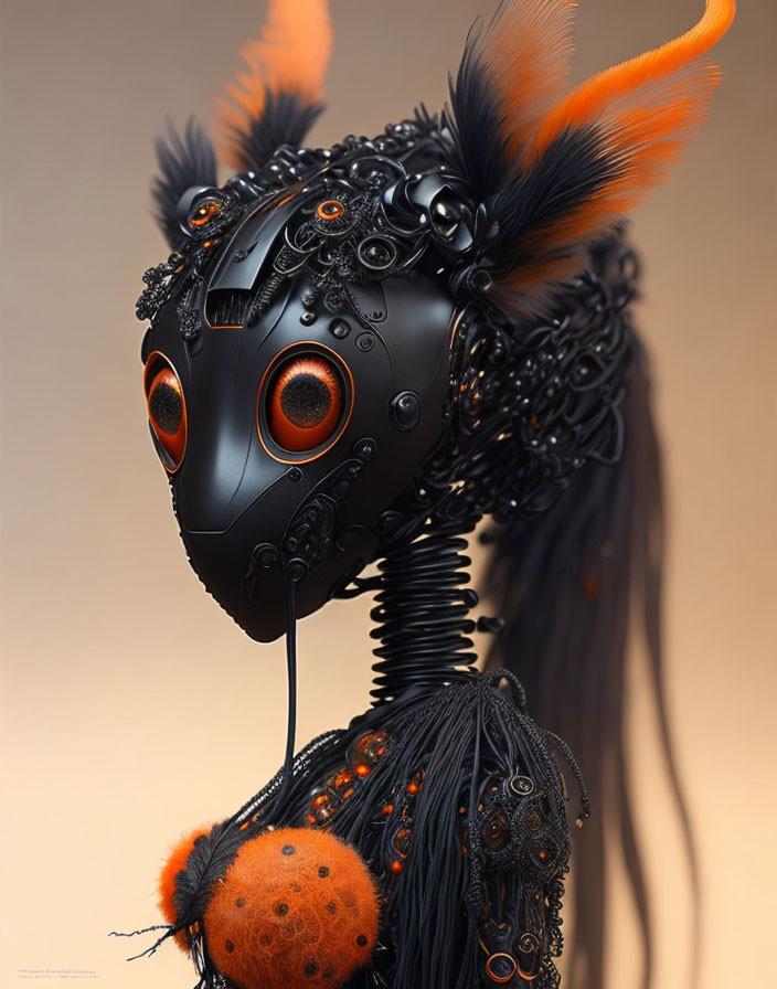 Detailed Digital Artwork: Mechanical Bird with Orange and Black Plumage