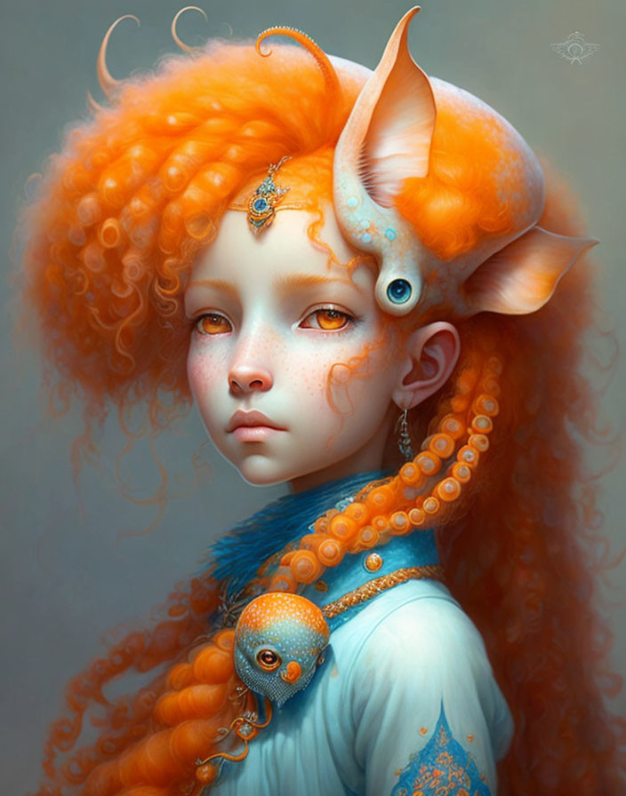 Orange-Haired Girl with Octopus Features and Ocean Jewelry