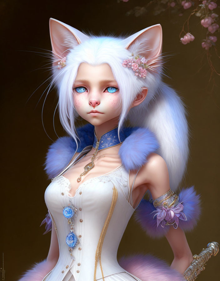 Anthropomorphic female character with cat features in corset dress and cherry blossoms