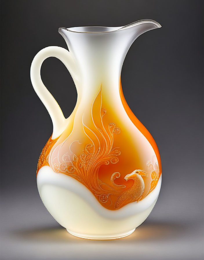 White and Orange Gradient Glass Pitcher with Ornate Phoenix Motif