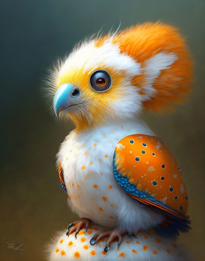 Colorful Owl-Chick Hybrid Creature with Bright Orange Feathers