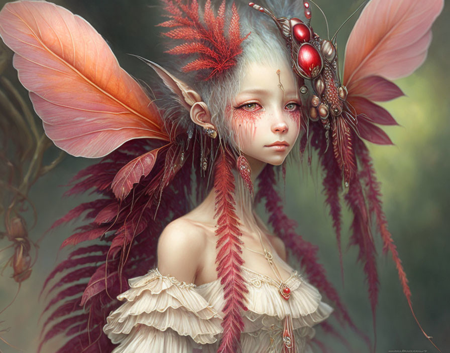 Fantasy illustration: Girl with elfin features and feathered wings.