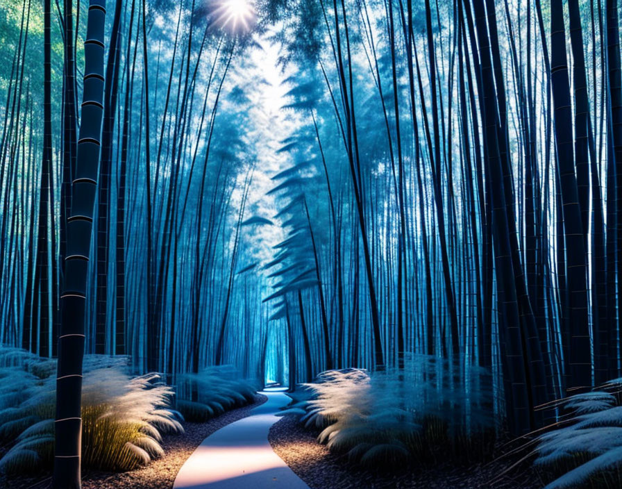 Tranquil Bamboo Forest with Sunlight and Winding Path