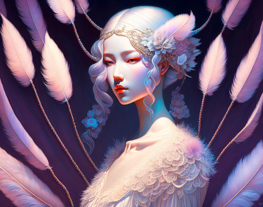 Ethereal illustration of person with elfin features and intricate jewelry surrounded by radiant feathers