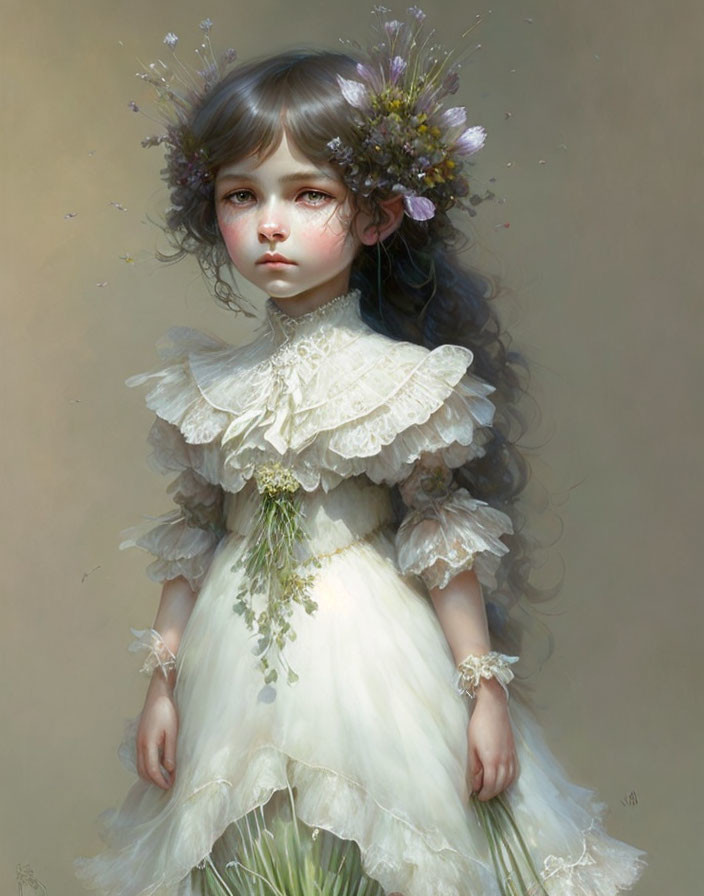 Young girl in floral crown and vintage dress with sad expression.