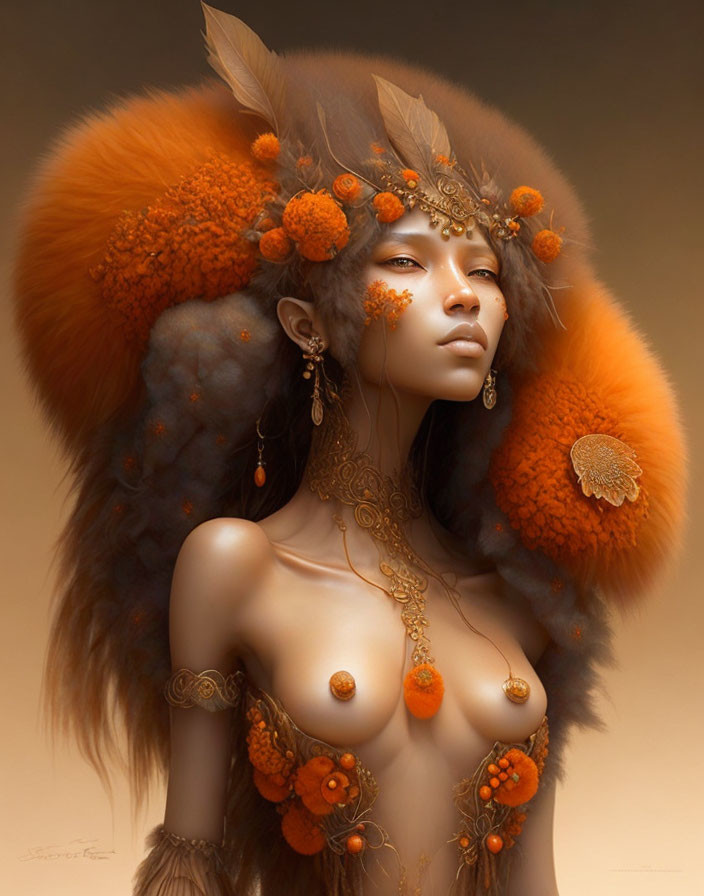 Digital Art: Woman in Ornate Headdress & Jewelry in Warm Tones