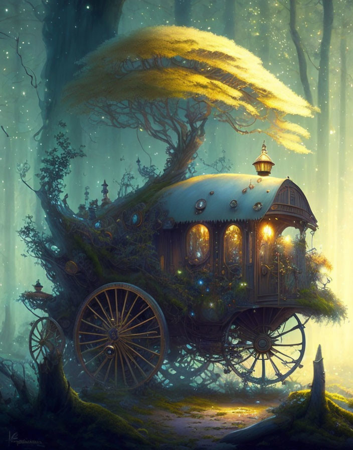 Enchanting old-fashioned carriage in mystical forest with glowing lanterns