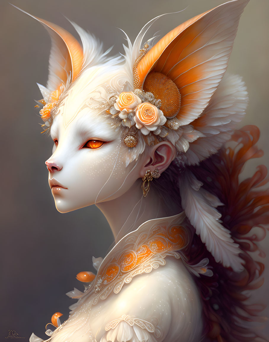 Illustration of humanoid creature with fox-like features and fiery orange eyes