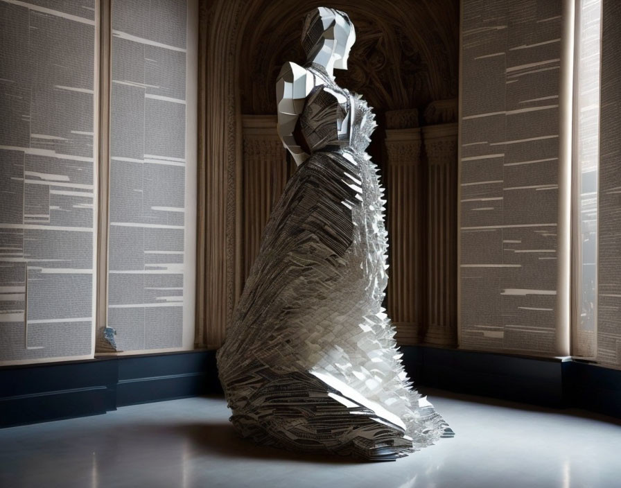 Geometric metallic sculpture of cloaked figure in ornate room.