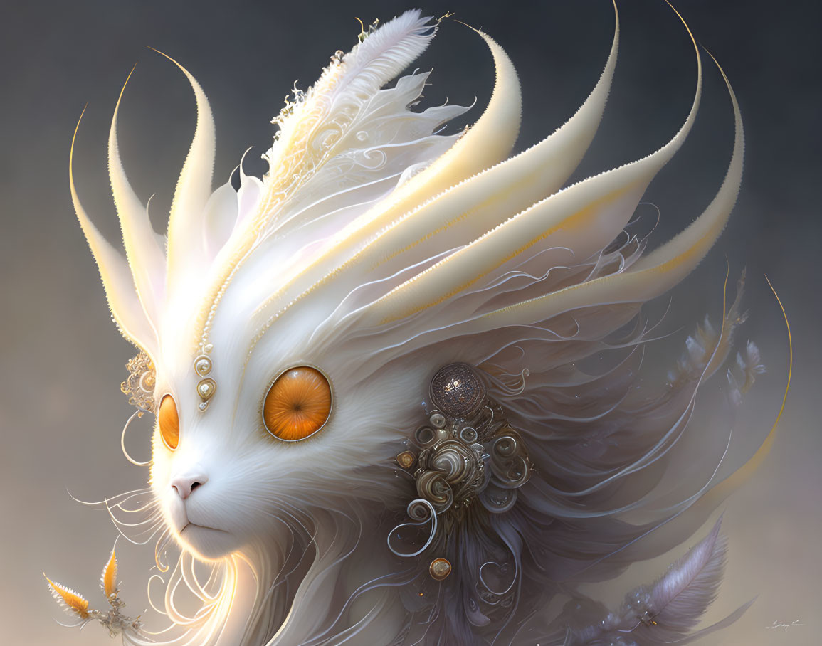 Fantastical creature with orange eyes, white feather mane, and steampunk gears