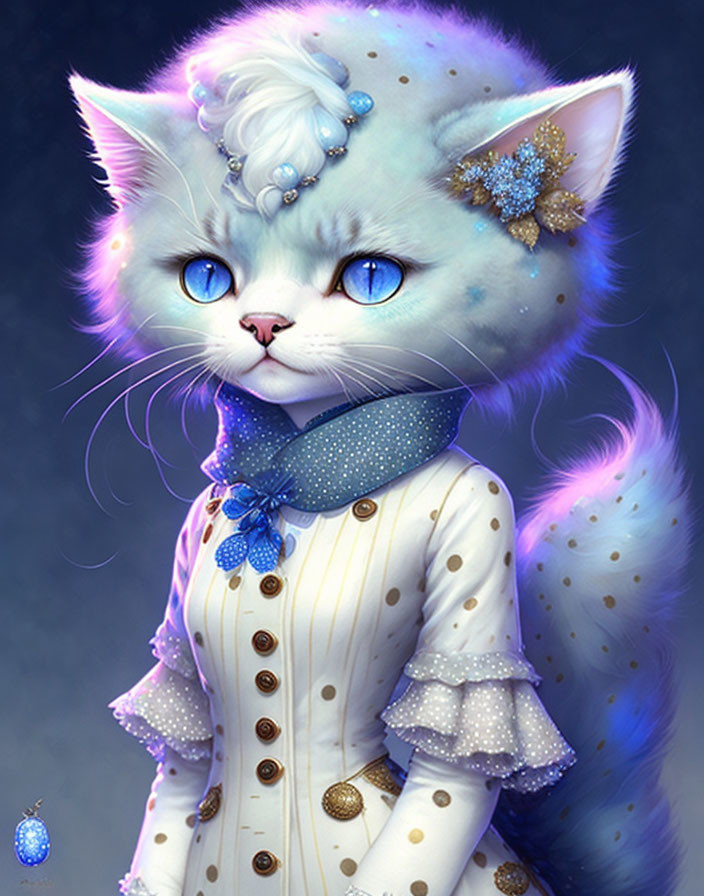 Blue Cat in Elegant White Outfit with Gold Buttons and Blue Jewelry