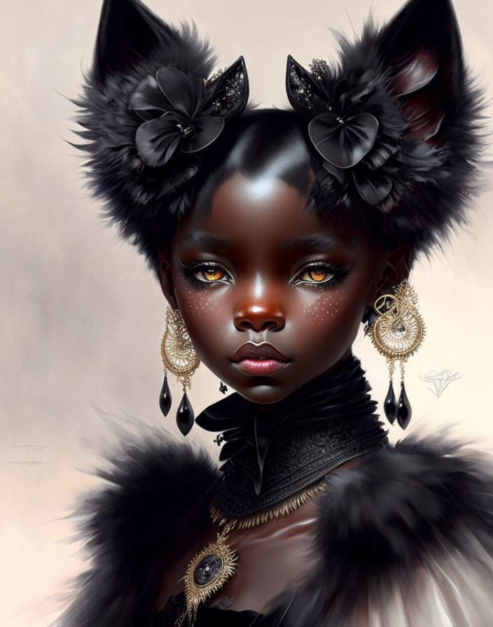 Digital artwork of girl with cat-like features and black fur accessories.