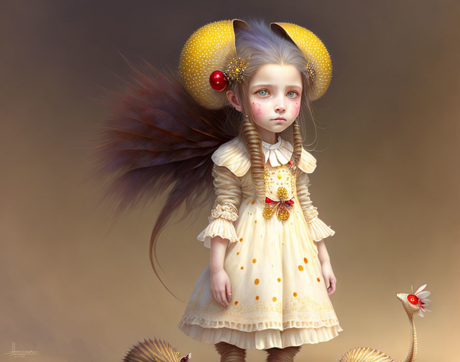 Whimsical digital art: young girl with fruit hair and bird creature