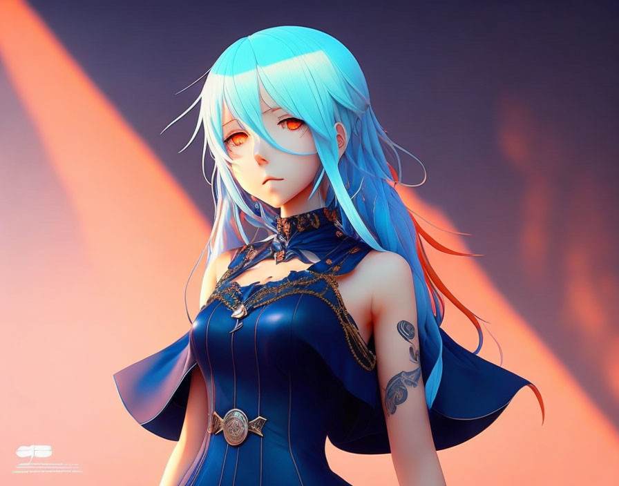 Female character with blue hair, yellow eyes, tattoos, in dark blue dress on two-tone background