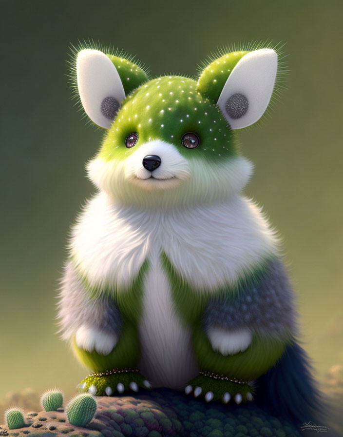 Whimsical green and white creature with large ears in peaceful cactus setting