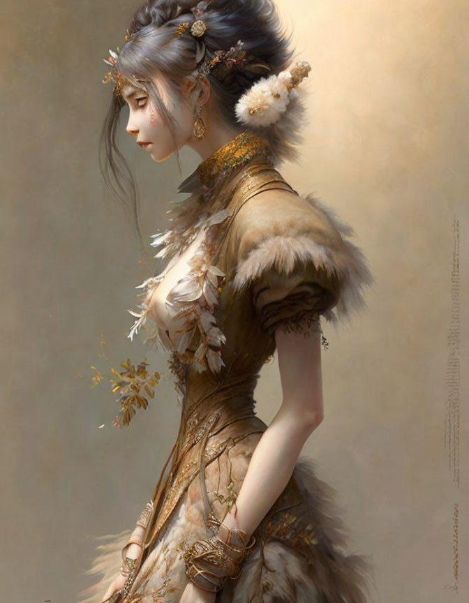 Fantasy character with silver hair in golden gown and jewelry