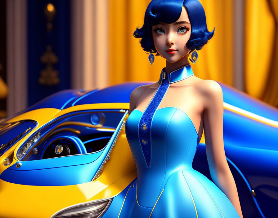 Stylized 3D image of woman with bob haircut in blue dress by futuristic car