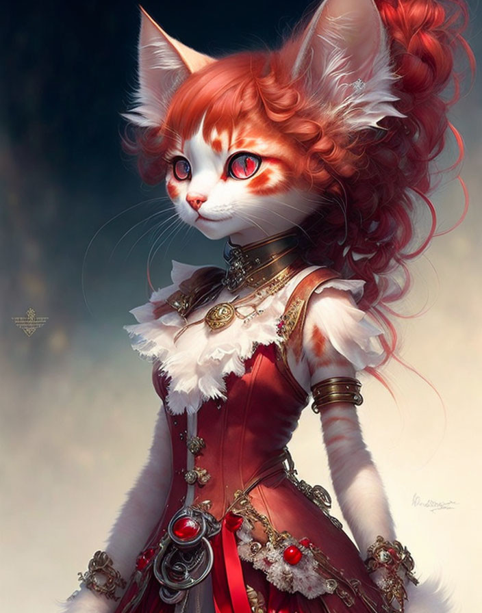 Anthropomorphic cat digital artwork in Victorian attire