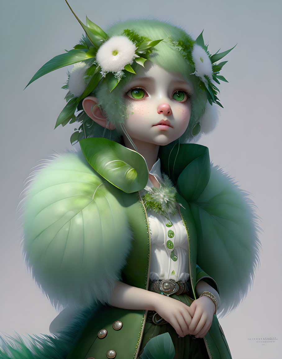 Fantasy character illustration with green hair, red eyes, floral headpiece, and luxurious green coat.