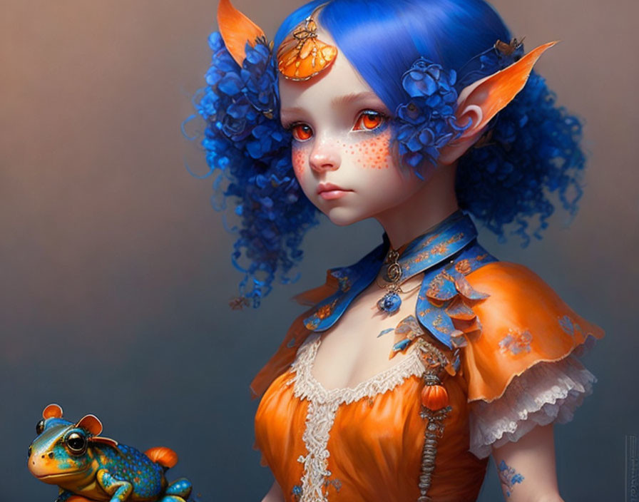 Fantasy painting: Girl with blue hair, orange butterfly wings, freckles, frog companion,