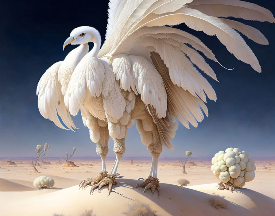 Fantastical white bird with multiple legs in desert landscape