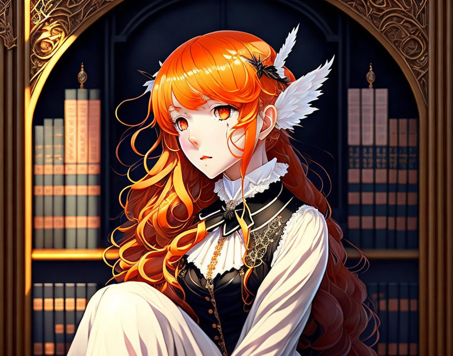 Illustrated orange-haired anime girl in Victorian blouse with feathers and choker pensively sitting by window.