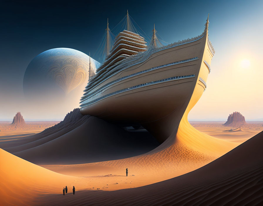 Surreal desert landscape with ship-like structure, human figures, and fantastical planets