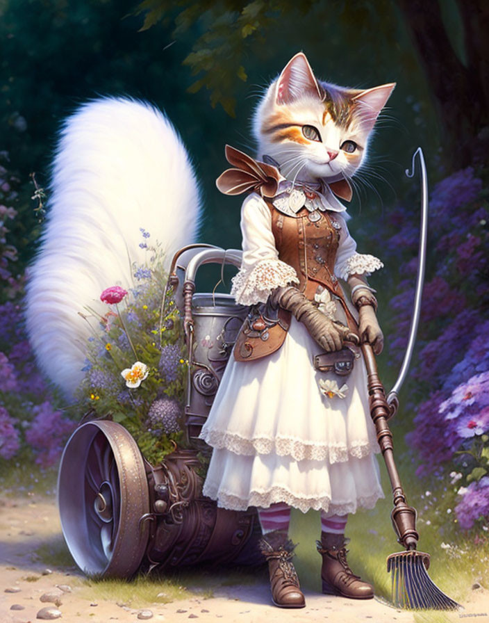 Anthropomorphic cat in Victorian attire with broom and vacuum cleaner among flowers