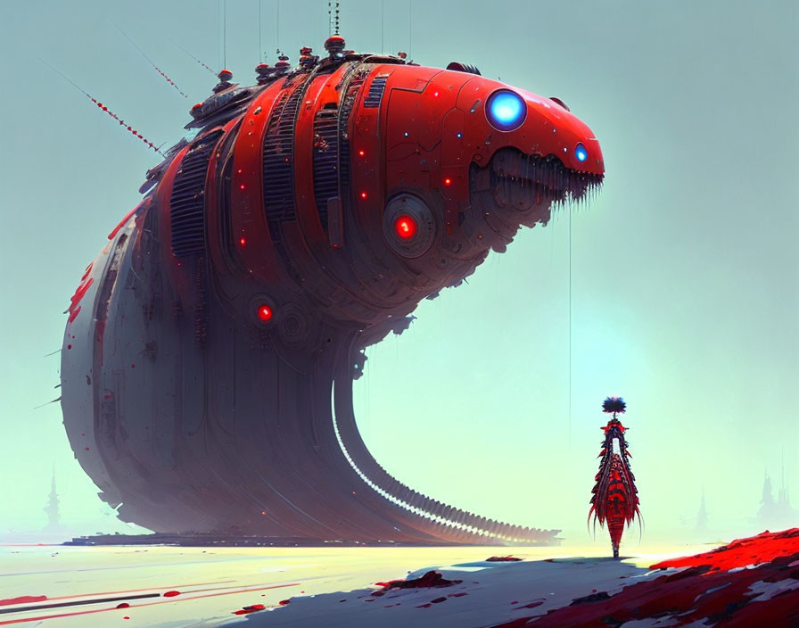 Futuristic red and gray mechanical beast on alien landscape with lone figure