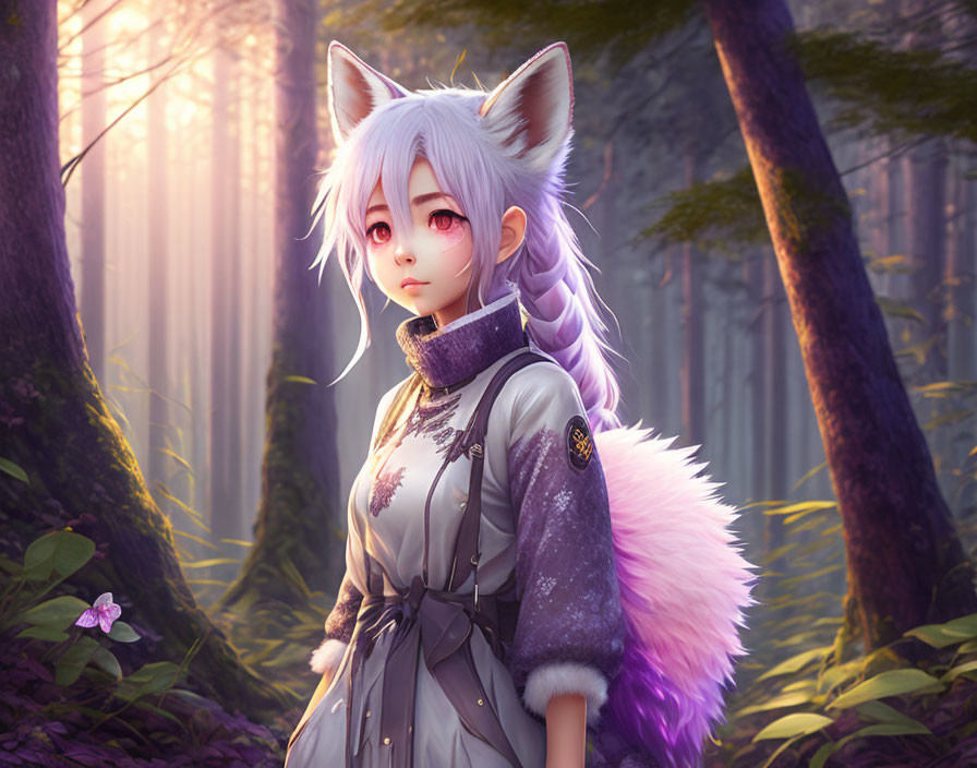 Anime-style character with fox ears and tail in a forest with purple hair and gray outfit.