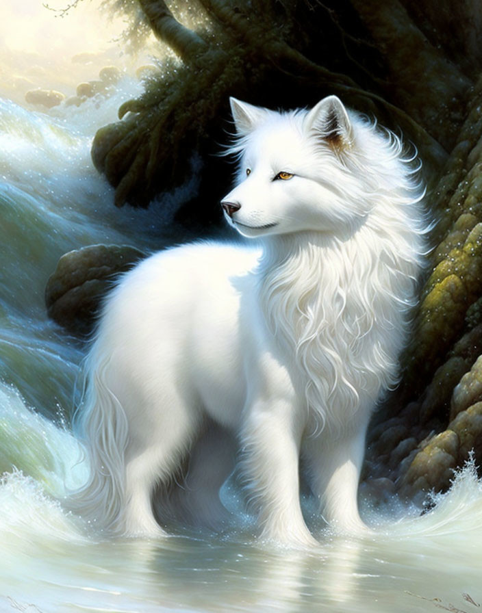 Majestic white wolf in forest with yellow eyes