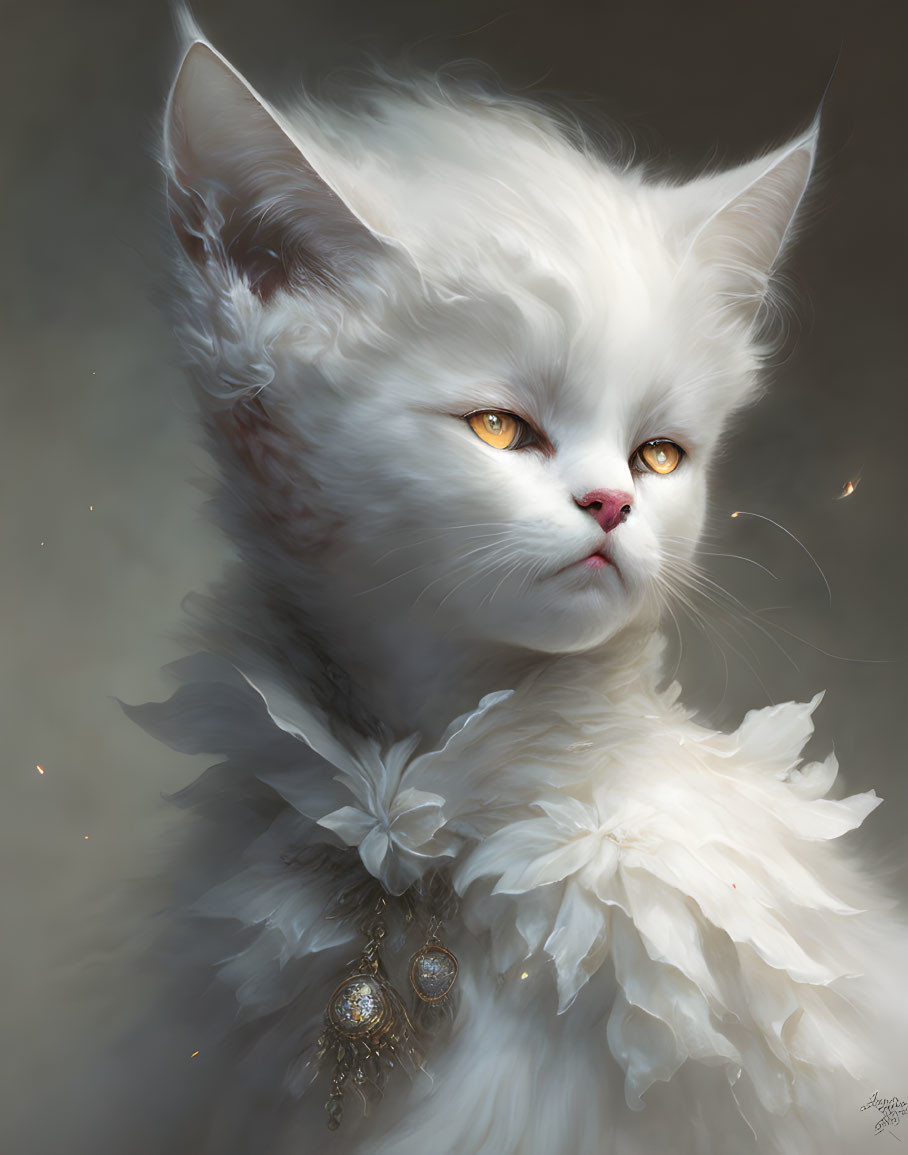 Fluffy white cat with amber eyes and jeweled accessory in digital painting