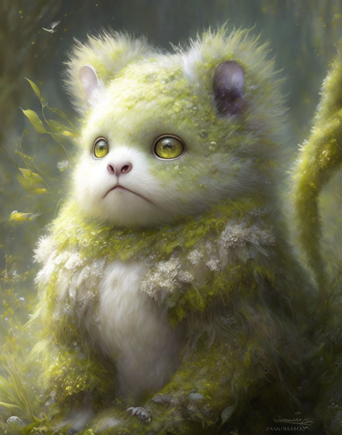 Whimsical fluffy creature with cat-like features in mossy forest setting