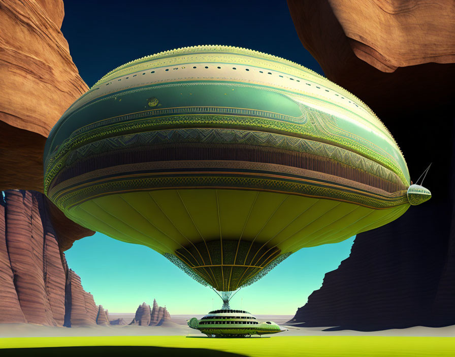 Futuristic airship hovers over desert landscape with red rock formations