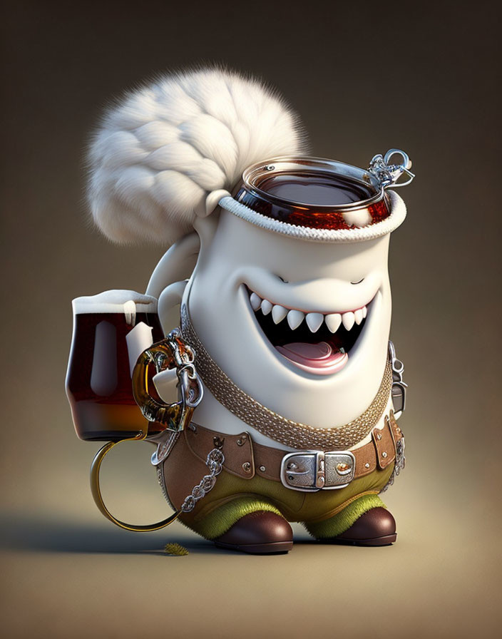 Jovial animated character with Viking helmet holding beer mug