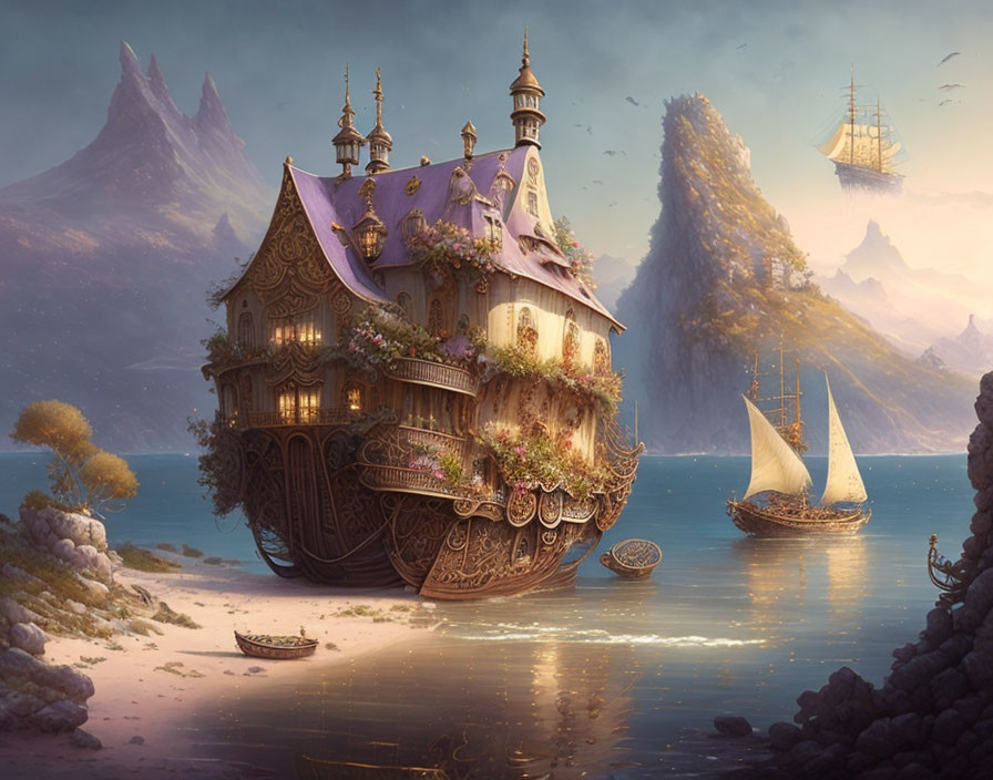 Fantasy artwork: Ship transformed into floating house in serene waters