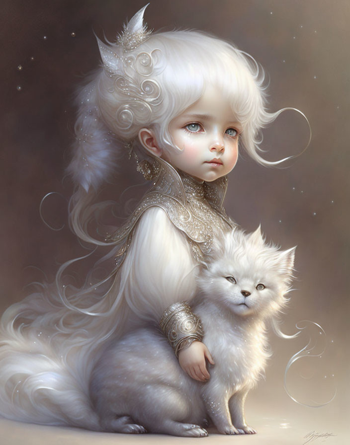 Child with White Hair & Elaborate Headpiece Beside Mystical Creature