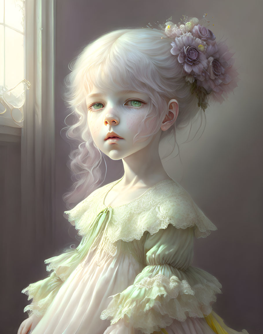 Pale-skinned girl with green eyes and white hair in vintage dress gazes out window in digital art