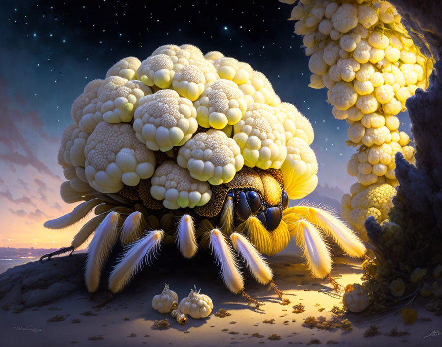 Surreal painting of bee with oversized pollen on legs in starlit sky