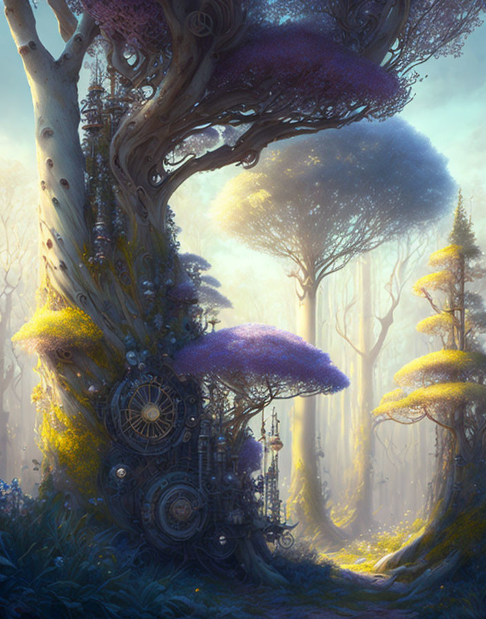 Mystical forest with large mechanical tree and purple foliage