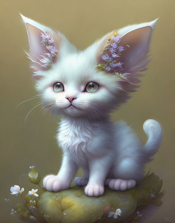 Fluffy white kitten with pink flower ears on mossy rock surrounded by white blossoms