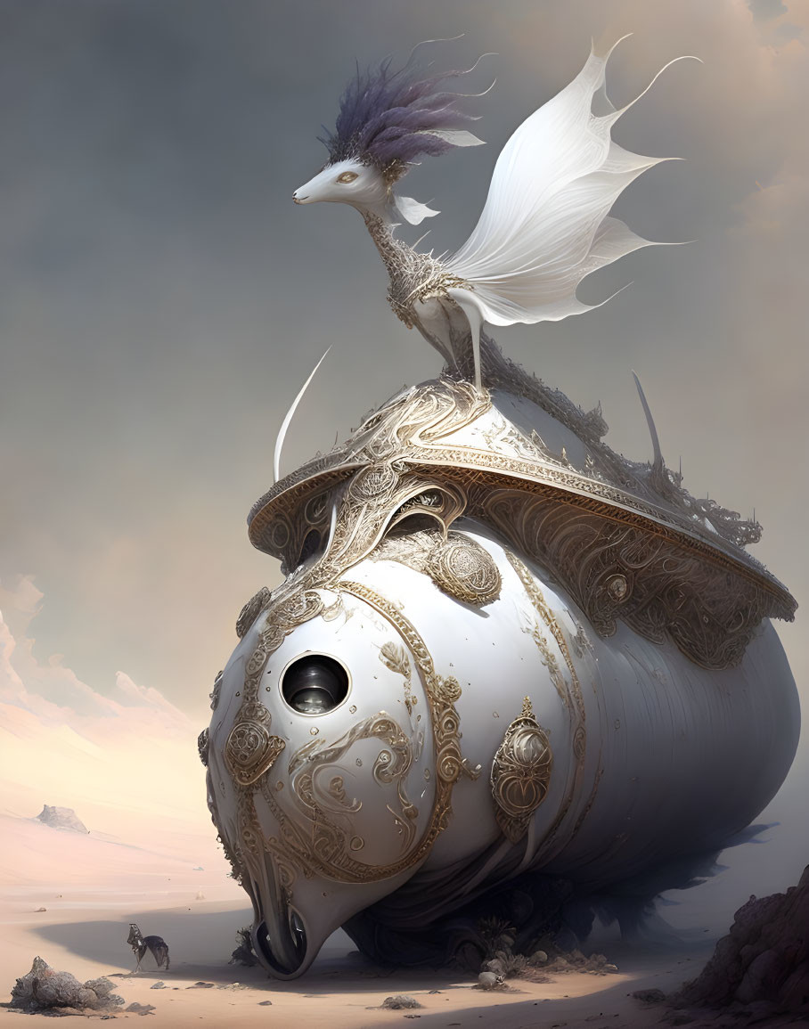 Mechanized bird with white plumage on intricate egg-shaped structure