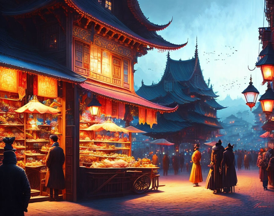 Traditional Asian Night Market with Hanging Lanterns and Ancient Architecture