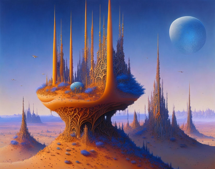 Surreal landscape with orange spires, floating rock with trees, and giant blue planet