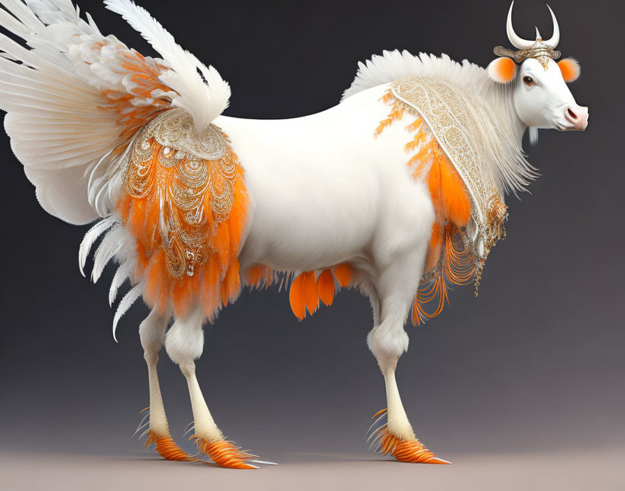 Mythical white bull with peacock tail and orange-gold plumage