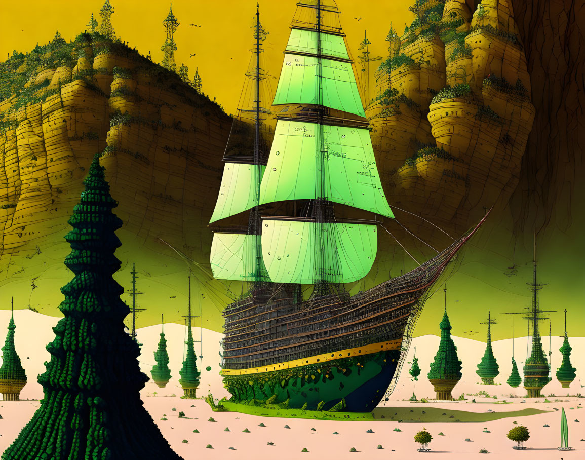 Tall ship with green sails on desert landscape with rock formations