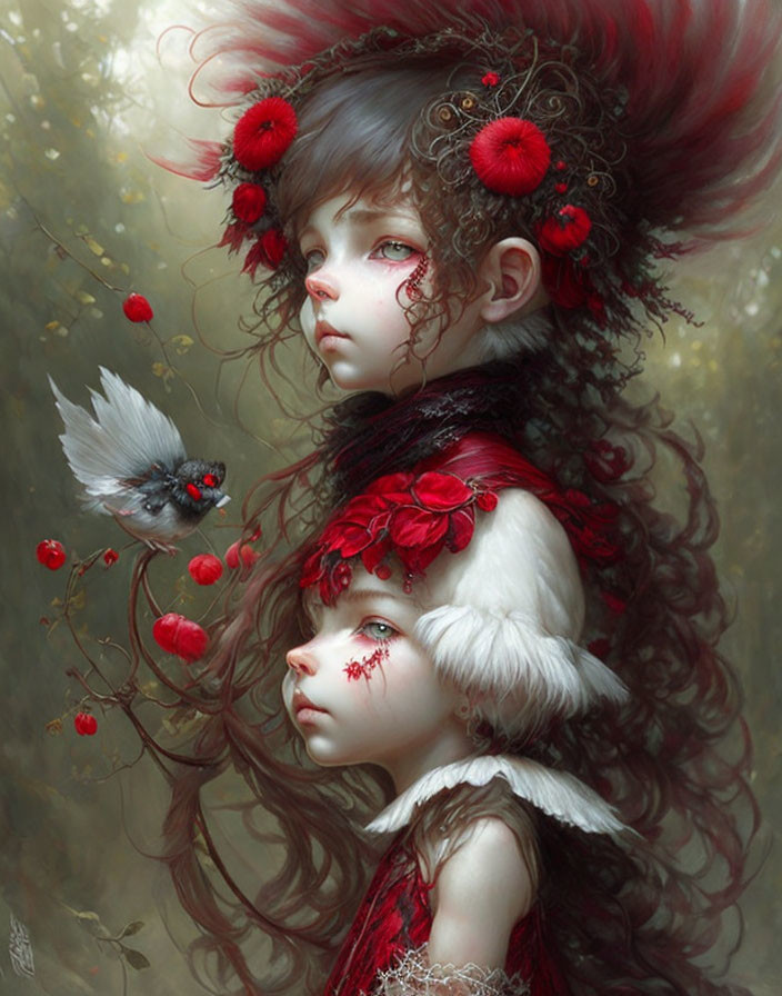 Fantastical portrait featuring two characters with red floral accessories in misty setting