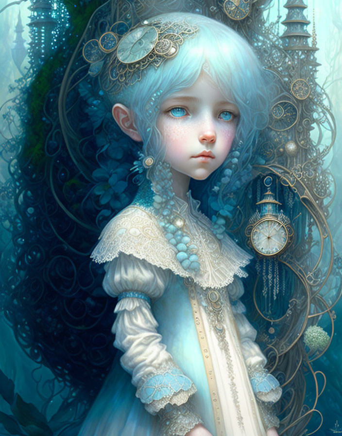 Young girl with pale blue hair and gold ornaments in dreamy forest portrait