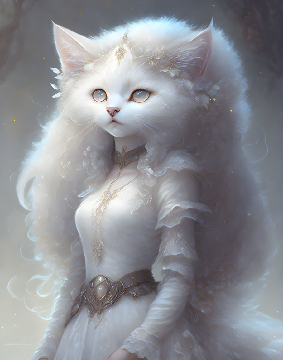 White anthropomorphic cat in ornate dress and jewelry with mystical headdress on soft background