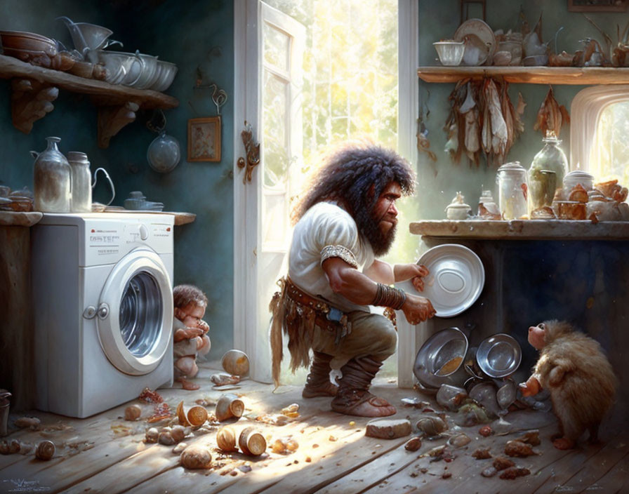 Whimsical caveman laundry scene with baby and mammoth playing among kitchenware